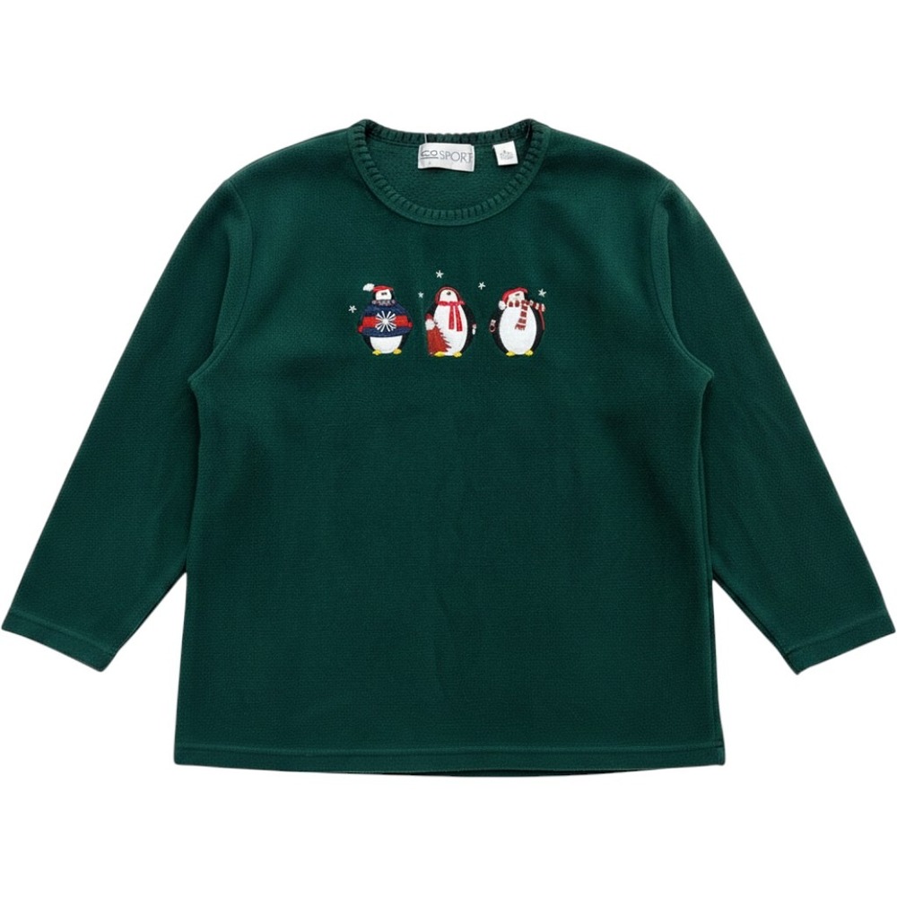 Womens Green Fleece Penguin Christmas Sweatshirt L Holiday Embroidered Snowman